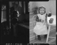 Two pictures of two-year-old Rosita Dee Cornell at a table, California, 1933