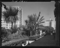 View from garden of the Chamber of Commerce building towards the Villa Riviera, Long Beach, 1932 or 1940