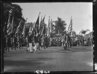 Color guard in Rose Parade, Pasadena, 1927