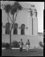 Rosemary Chew and Olive Young standing in front of the Elk's Lodge No. 99, Los Angeles, 1928