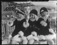 Mawby triplets with noisemakers, Malibu, 1928