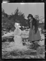 Grace Healy with snow bear, Mount Baldy, 1928