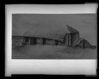 Photograph of 1890s drawing of Ysidro Reyes adobe, Santa Monica, 1939