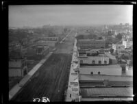 Birdseye view down Main Street during construction to widen the street, Santa Monica, 1930