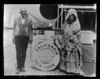 Roman D. Sepulveda and Rudecinda Sepulveda Dodson on deck of liner California, San Pedro, 1929