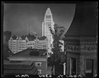 View towards City Hall from the Bradbury residence, Los Angeles, 1928