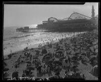 Bird's-eye view of crowded beach, Lick Pier, Venice, 1928