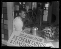 Jack Halstein at his concession, Jacks Famous Ice Cream Cones, on Abbot Kinney Pier, Venice, 1928