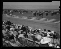 Horseback riders at Desert Circus Rodeo on infield of parade grounds at Palm Springs Field Club, Palm Springs, 1938