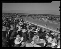 Spectators in the grand stands at the Palm Springs Field Club during the Desert Circus Rodeo, Palm Springs, 1938