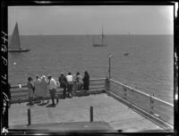Bird's-eye view of group on pier, Malibu, 1929