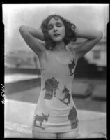 Actress Edna Aslin modeling political bathing suit, Santa Monica, 1931