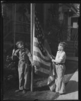 Boys raising American flag, Los Angeles, circa 1935