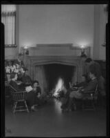 Students gathered around fireplace, Los Angeles High School, Los Angeles, 1932