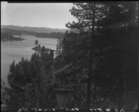 Panoramic view of Lake Arrowhead (right half) from Blue Jay Hill, 1929