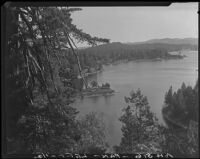 Panoramic view of Lake Arrowhead (left half) from Blue Jay Hill, 1929