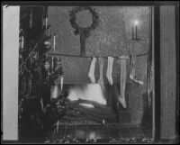 Fireplace and Christmas decorations, [Santa Monica, 1929]