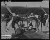 Women posing on Sikorsky S38-A "The Flying Fish" amphibian plane, Lake Arrowhead, 1929