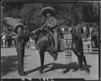 Lawrence Hill, on horseback, and Eugene Plummer at Eugene Plummer residence, West Hollywood, 1931