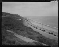 Coastal view down slope towards dirt road in the Rancho Malibu la Costa development, Malibu, circa 1927