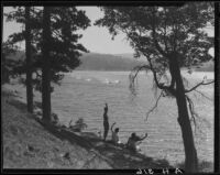 Spectators watching motorboat racing, Lake Arrowhead, [1929?]