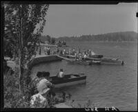 Crowd on docks, boats, and shore, Lake Arrowhead, 1929
