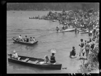Crowd on lakeshore and boats, Lake Arrowhead, 1929