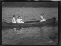Woman, man, and girl in canoe, Lake Arrowhead, 1929