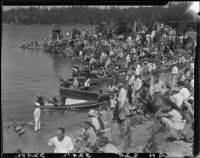 Crowd on lakeshore and boats, Lake Arrowhead, 1929