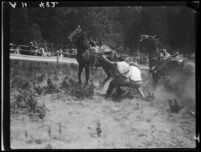 Rodeo performers and horses, Lake Arrowhead Rodeo, Lake Arrowhead, 1929