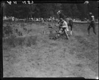 Rodeo performers and horse, Lake Arrowhead Rodeo, Lake Arrowhead, 1929