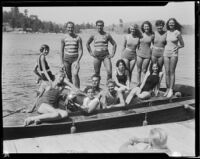 Young people in motorboat "Graceful" at dock, Lake Arrowhead, 1929