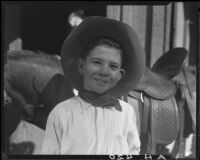 Child rodeo perfomer Little Buck Dale, Lake Arrowhead rodeo, Lake Arrowhead, 1929