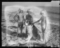 Mawby triplets with dog at beach, Malibu, 1928