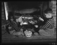 Boys at fireplace with popcorn, Los Angeles, circa 1935