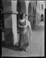 Sally Lang in courtyard, Plaza Church, Los Angeles, 1931