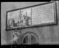 Sally Lang on ladder near commemorative sign, Plaza Church, Los Angeles, 1931