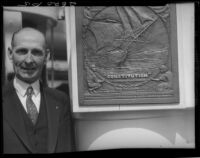William H. Carter, mayor of Santa Monica, with plaque on S.S. Constitution, San Diego, 1934