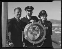 Actress Boots Mallory operating a ship's signal lamp, Santa Monica, 1937