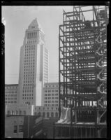 Los Angeles City Hall, with Los Angeles State Building under construction, Los Angeles, 1930