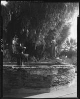 Fountain and statue, Mission San Fernando Rey de España, Los Angeles, 1929