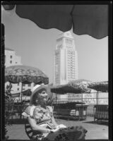 Margaret Schulze on patio near Los Angeles City Hall, Los Angeles, 1932