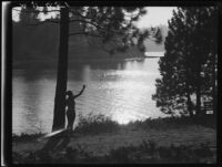 Woman near lake shore, Lake Arrowhead, 1929
