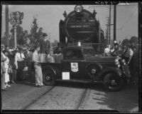 Express train The Royal Scot and truck stopped on tracks, Los Angeles, 1933