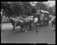 Ox-deawn stagecoach, Santa Monica Pioneer Days parade, Santa Monica, 1930 or 1931