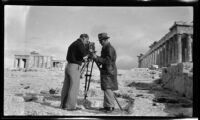 Filmmaker Paul Rotha and cameraman Frank Goodliffe at the Parthenon on the Acropolis during the filming of Contact, Athens, 1933