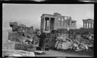 Cameraman Frank Goodliffe in front of the Erechtheum during the filming of Contact, Athens, 1933