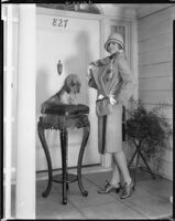 Peggy Hamilton modeling a wool coat with a spotted fur band collar, circa 1925