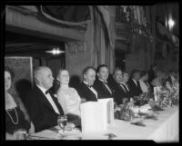 Los Angeles Mayor Frank Shaw, Mrs. Cora Shaw, and others at formal dinner, 1933-1938