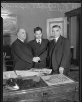 Los Angeles Mayor Frank Shaw, Russian Consul General M. G. Galkovich, and Soviet Ambassador Alexander Troianovsky, Los Angeles, 1935